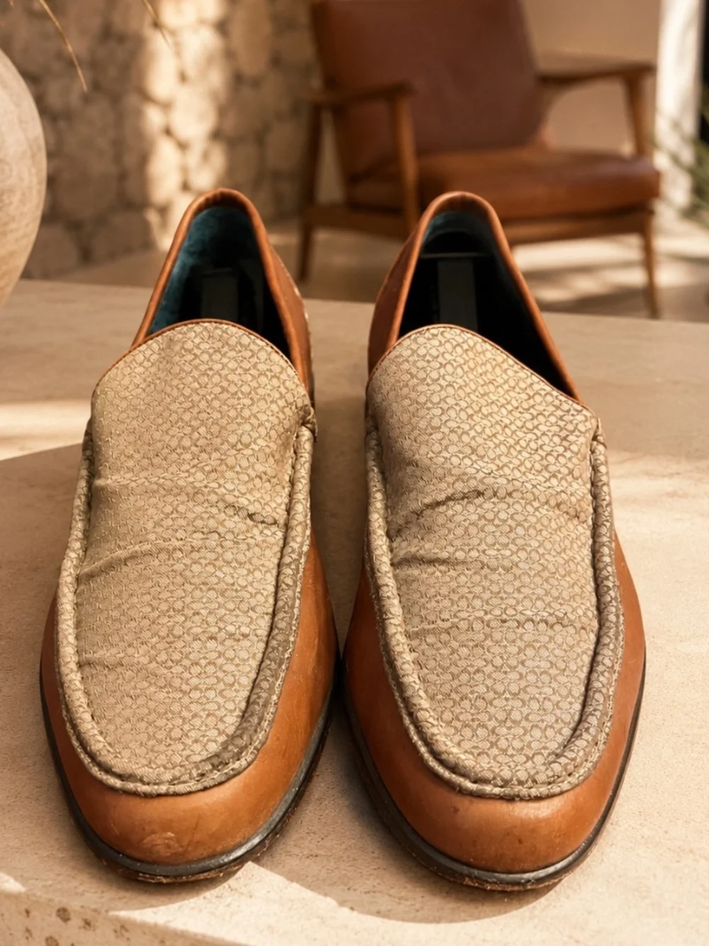 Coach Elijah P910 Tan Leather Signature Canvas Slip-On Loafers 11.5D Italy
